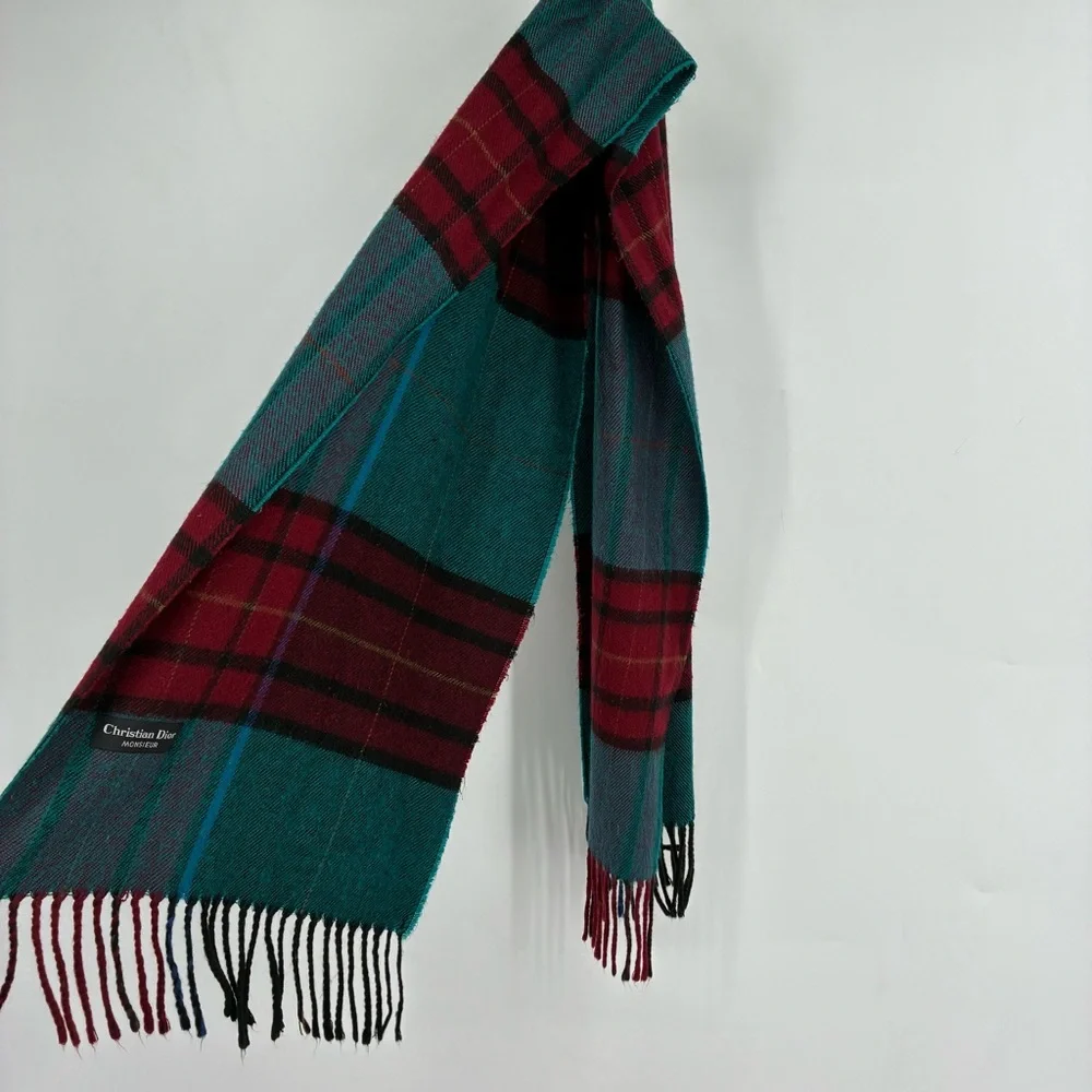Vintage 90s Christian Dior Monsier Plaid Red Blue Fringe Long Scarf
